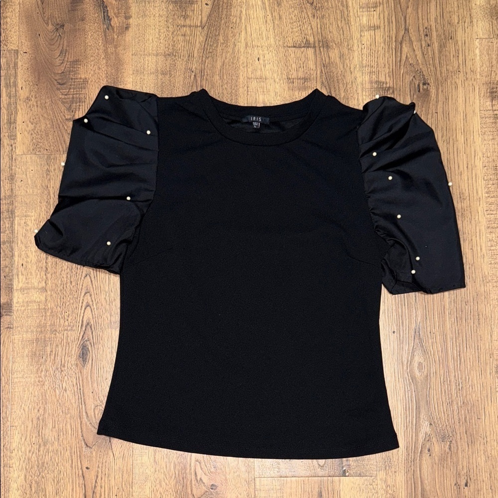 IRIS Elegant Black Puff Sleeve Top Size L